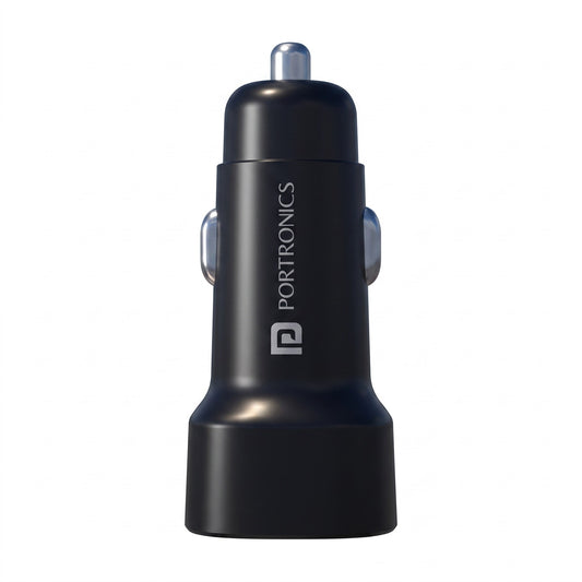A black Portronics car cigarette lighter charger with silver metal contacts, shown on a solid white background.