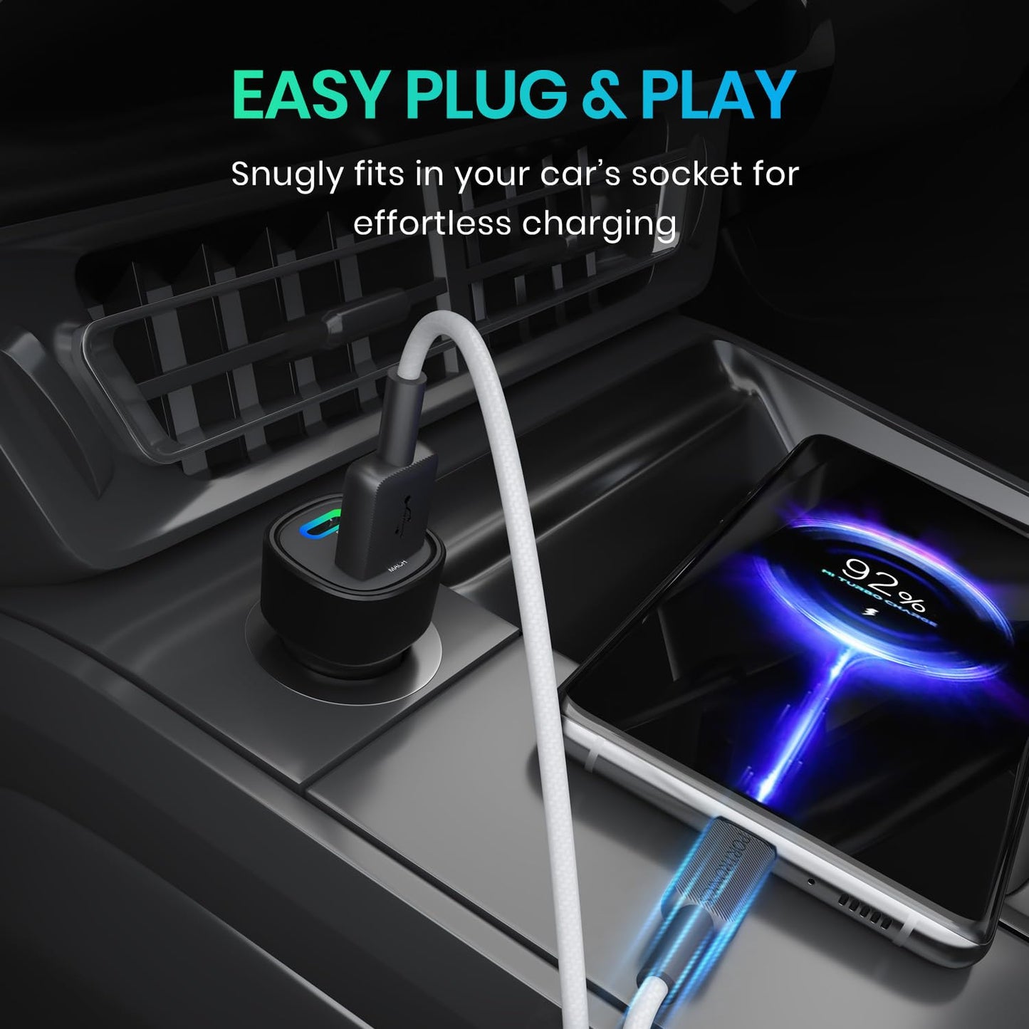 Portronics 80W car charger easy plug and play design snugly fitting car socket while charging smartphone