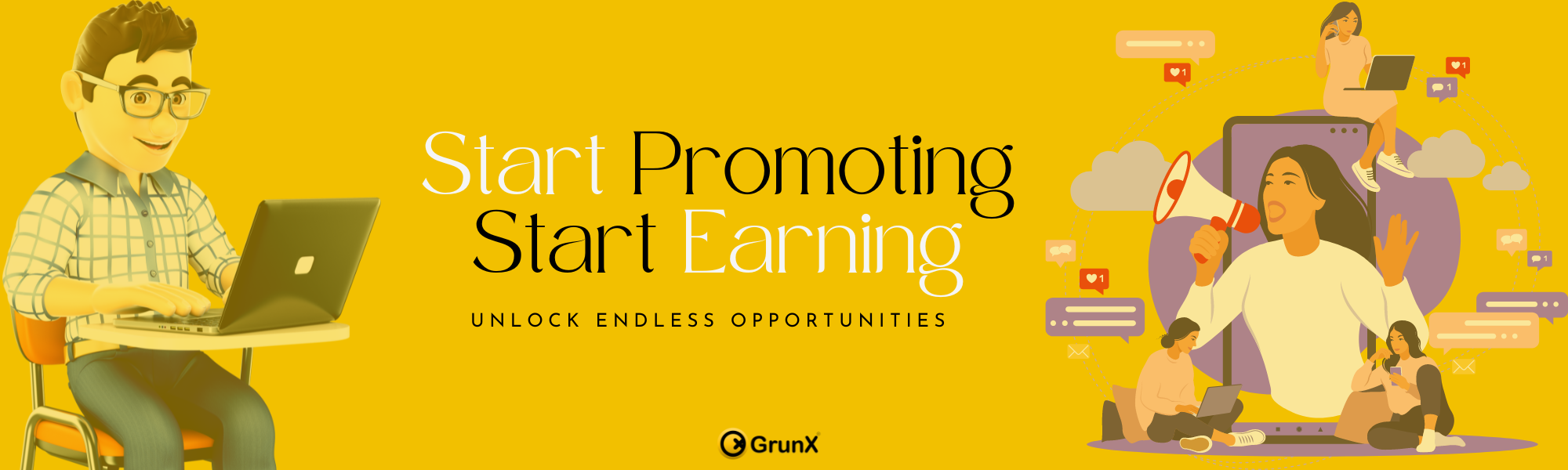 Affiliate marketing and online earning concept banner showing people promoting products on laptop and mobile, highlighting digital marketing, social engagement, and income opportunities - GrunX