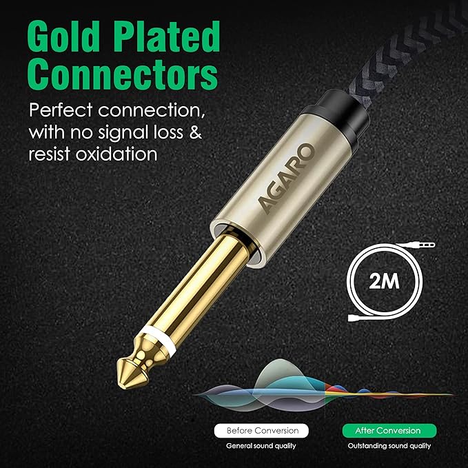 AGARO gold plated 6.35mm connector cable for signal loss-free audio, 2m length