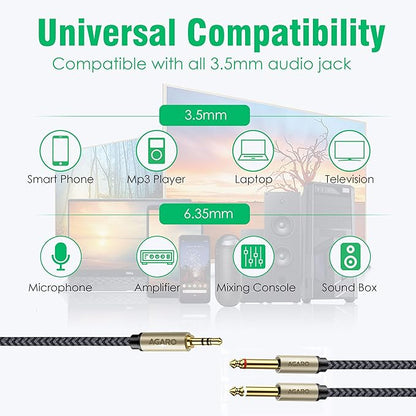 3.5mm to dual 6.35mm audio cable compatible with phone, laptop, amplifier, and mixer