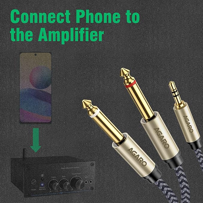 AGARO audio cable connecting phone to amplifier with dual 6.35mm and 3.5mm jacks