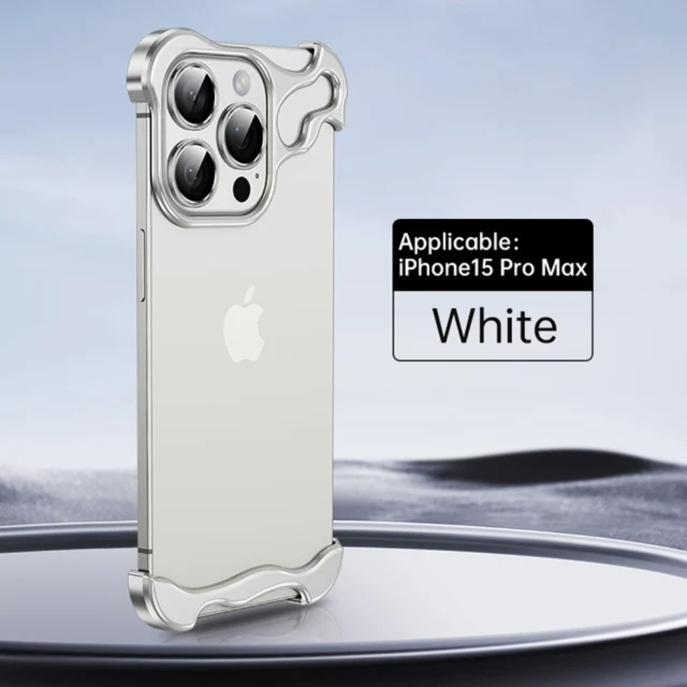 GRUNX Alien white ARC titanium bumper iPhone case showing precision anodised white finish and open-back rimless frame structure India