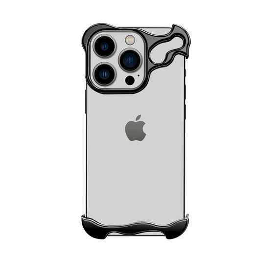 GRUNX Alien Arc Titanium Bumper iPhone case black rimless design showing full iPhone back on Indian professional desk