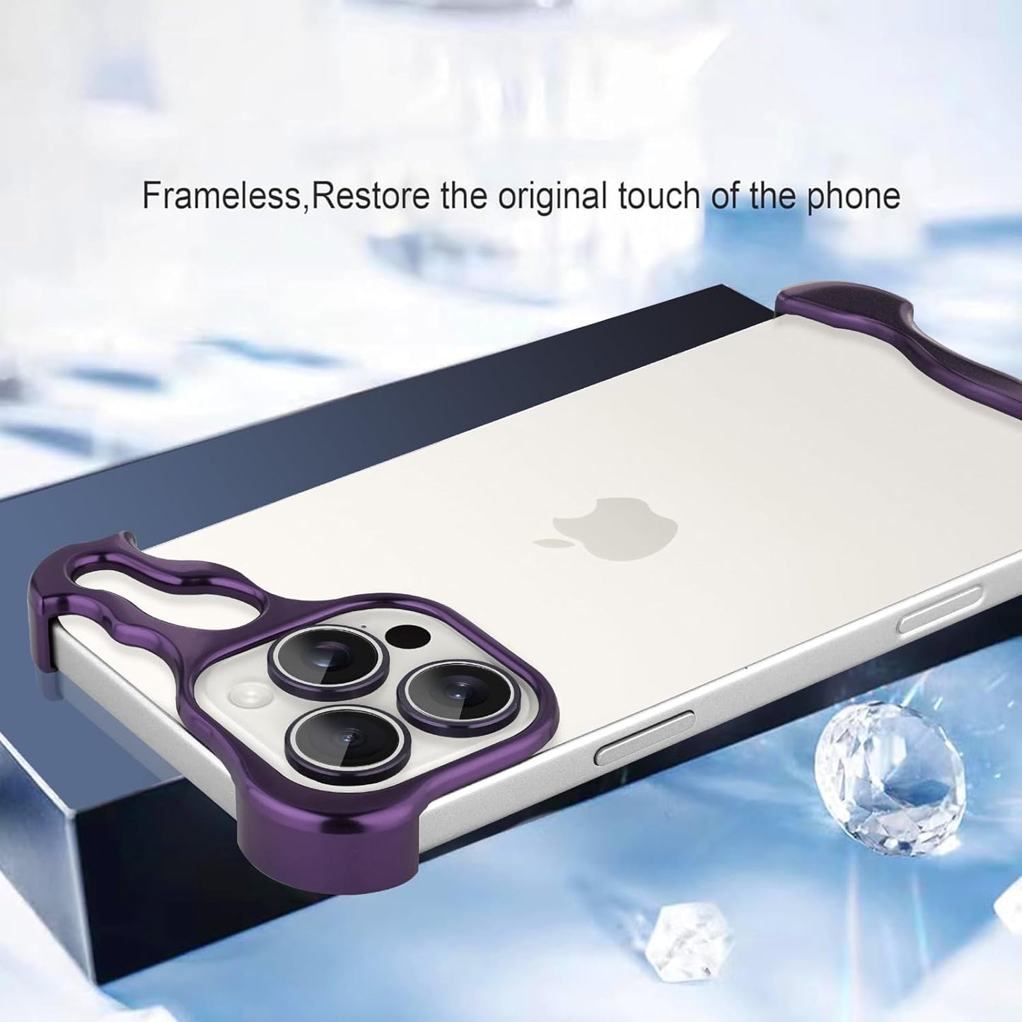 GRUNX Alien purple frameless metallic titanium bumper case on silver iPhone 16 Pro 16 Pro Max showing triple camera lens guard India