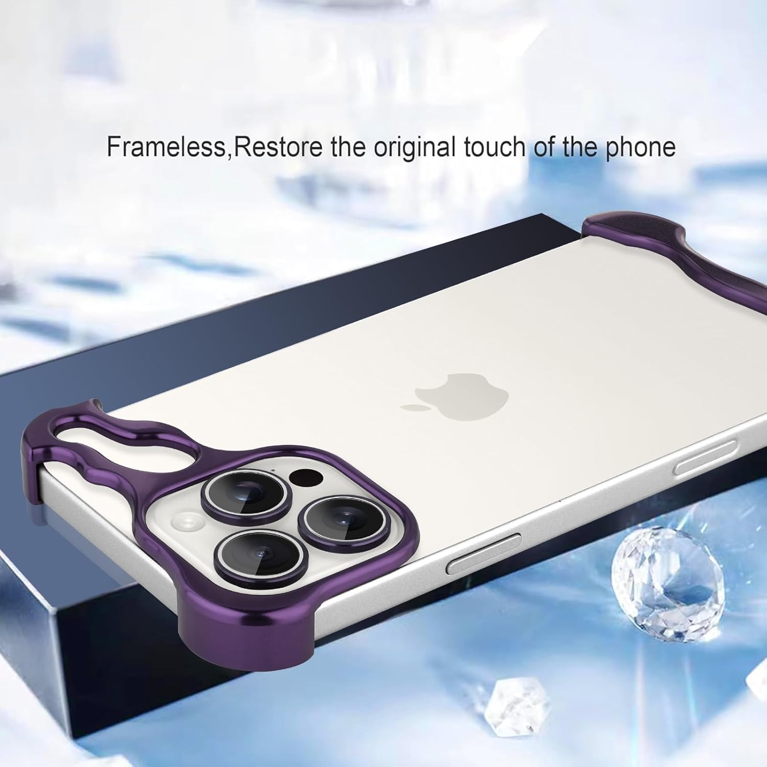 GRUNX Alien purple frameless metallic titanium bumper case on silver iPhone 16 Pro 16 Pro Max showing triple camera lens guard India