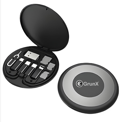 GRUNX Stuff all-in-1 60W fast charging travel set with adapter and multiple cables laid out on travel bag India