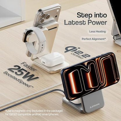 Ambrane Qi2 certified 3-in-1 wireless charger with 25W boosted charging speed, less heating, and perfect magnetic alignment for iPhone, Apple Watch, and AirPods
