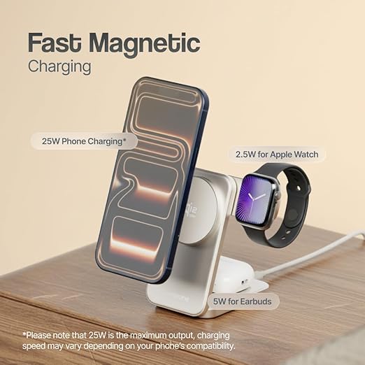 Ambrane 3-in-1 charging stand showing fast magnetic charging output - 25W for phone, 2.5W for Apple Watch, and 5W for wireless earbuds