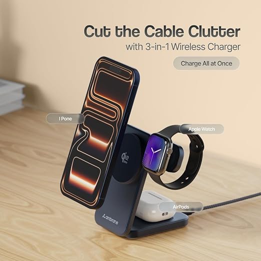 Ambrane 3-in-1 wireless charging stand for iPhone, Apple Watch, and AirPods, cutting cable clutter with simultaneous multi-device charging