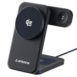 Ambrane black 3-in-1 foldable wireless charging stand with Qi2 25W fast charging for smartphone, smartwatch, and earbuds