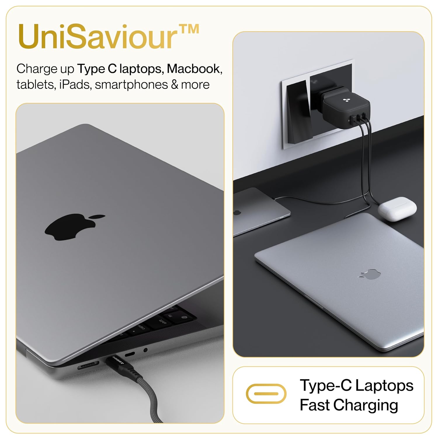 Ambrane UniSaviour 65W charger fast charging Type-C laptops, MacBook, tablets, iPads, and smartphones