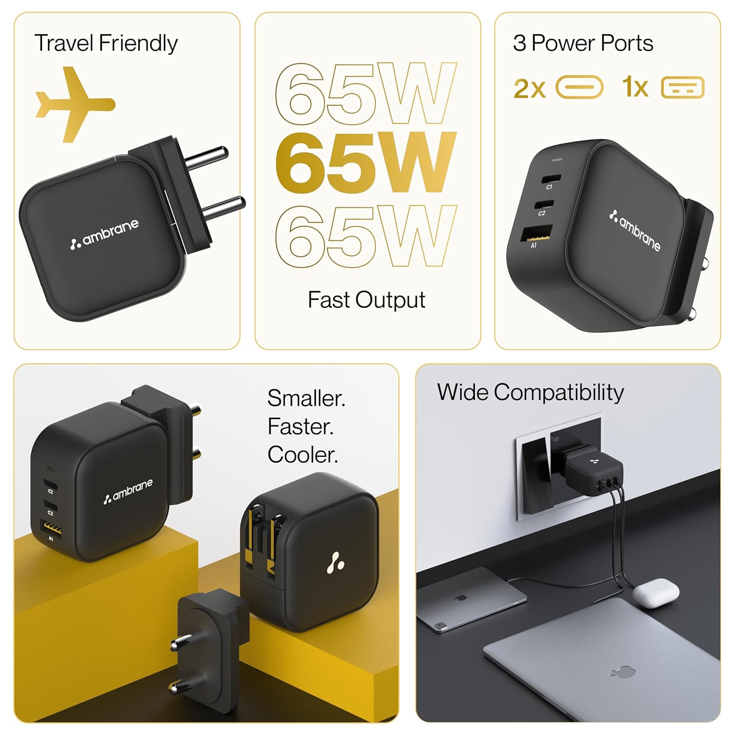 Ambrane 65W GaNMAX charger travel friendly design with 3 power ports, fast 65W output, and wide compatibility for laptops and devices