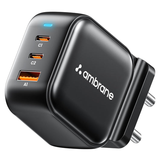 Ambrane 65W GaNMAX charger black with two Type-C ports C1 C2 and one USB-A port A1 for fast charging