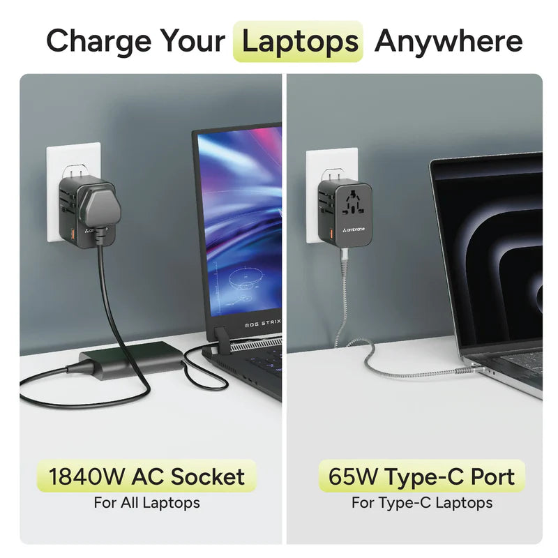 Two laptops being charged with a power adapter, one using an 1840W AC socket for all laptops and the other using a 65W Type-C port for Type-C laptops.
