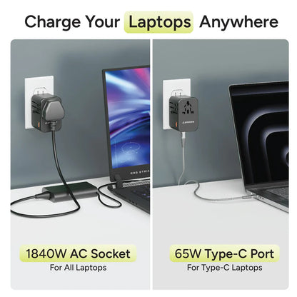 Two laptops being charged with a power adapter, one using an 1840W AC socket for all laptops and the other using a 65W Type-C port for Type-C laptops.