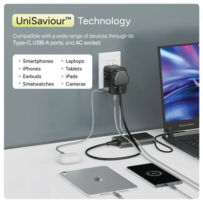 UniSaviour charging station with multiple devices connected on a desk.