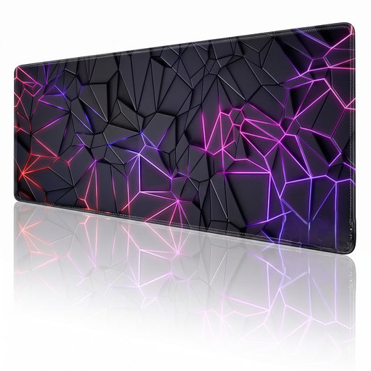 A rectangular gaming desk mat with a black geometric low-poly design accented by glowing pink, purple, and red lines, displayed on a reflective white surface.