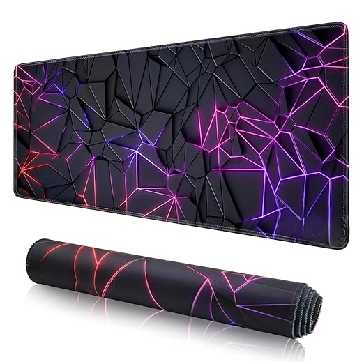 Geometric patterned mouse pad with black and purple design on a white background