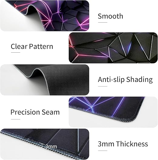 Gaming mouse pad with clear pattern, anti-slip shading, precision seam, and 3mm thickness features.