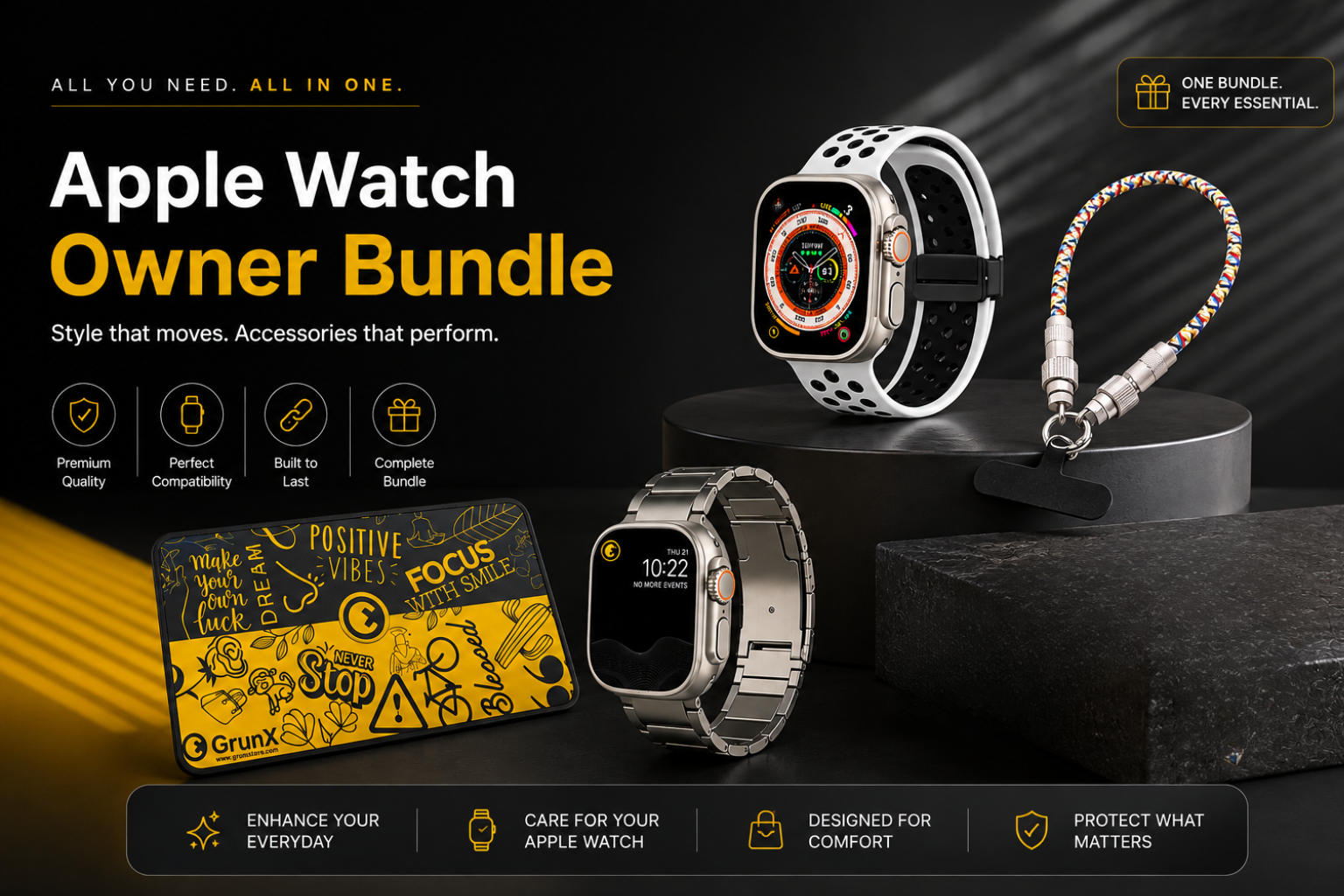 GrunX Apple Watch Owner Bundle with sport band with magnetic buckle apple watch strap,  titanium metal strap, gaming mouse pad and Phone Lanyard Charm With 60W Fast Charging Cable