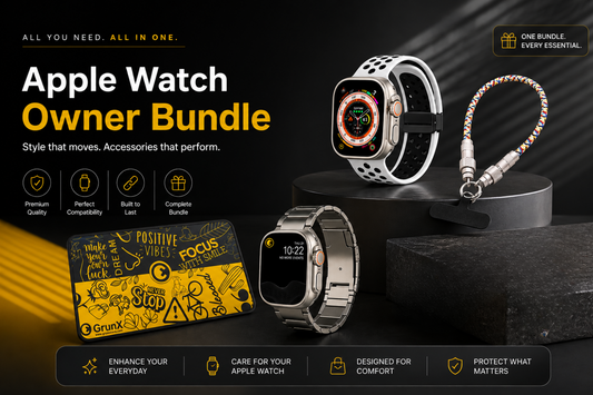 GrunX Apple Watch Owner Bundle with sport band with magnetic buckle apple watch strap,  titanium metal strap, gaming mouse pad and Phone Lanyard Charm With 60W Fast Charging Cable