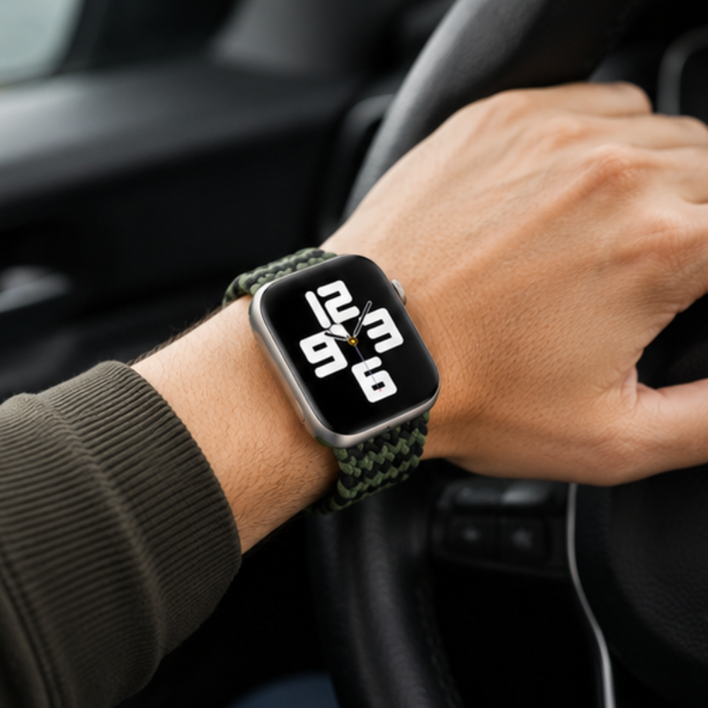 Apple Watch with green and black zigzag braided band worn on wrist while holding a steering wheel