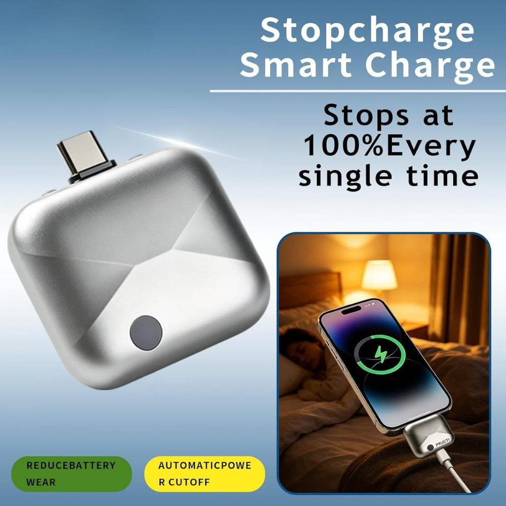 Smart auto stop charging adapter stopping charging at 100%, protecting smartphone battery from overcharging.