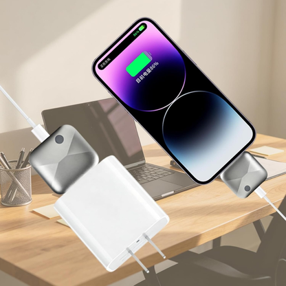 Compact auto stop charging adapter charging a smartphone on a desk, designed for safe and automatic power cutoff.