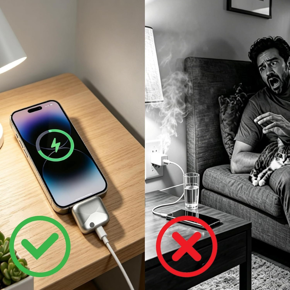 Auto stop charging adapter demonstrating battery protection with safe charging and overcharging prevention comparison.
