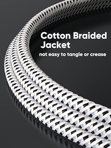 3.5mm aux cable close-up showing tangle-free and crease-resistant cotton braided jacket in black and white pattern