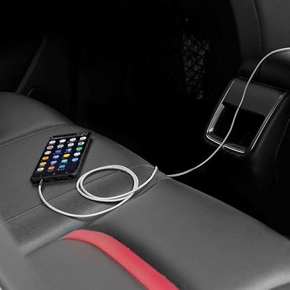 10ft 3.5mm aux cable connecting smartphone on car backseat armrest to front car stereo AUX port