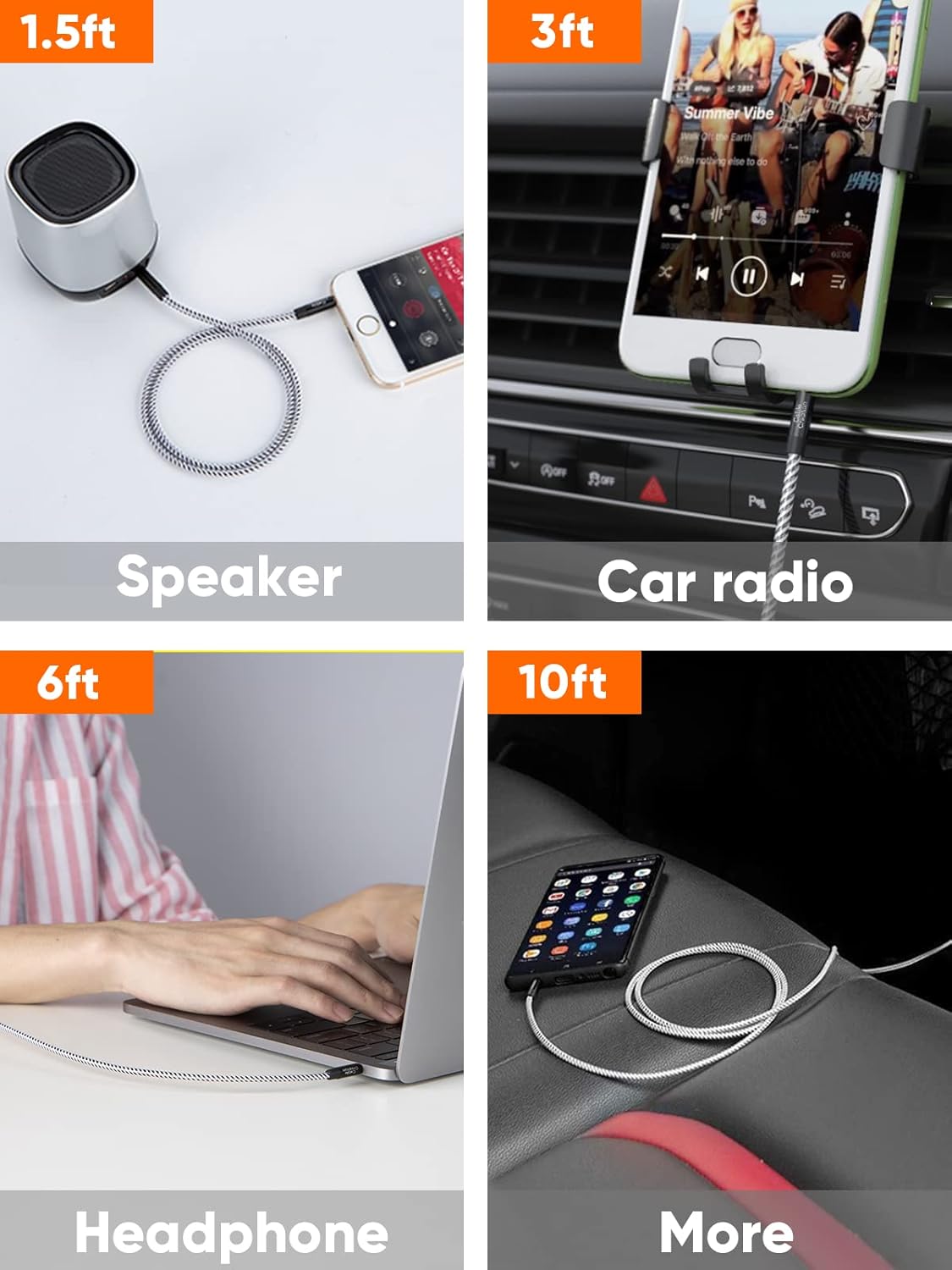 3.5mm aux cable available in 1.5ft for speaker 3ft for car radio 6ft for headphone and laptop and 10ft for backseat smartphone use