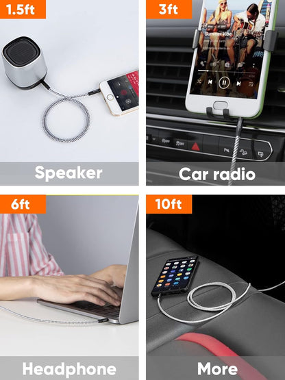 3.5mm aux cable available in 1.5ft for speaker 3ft for car radio 6ft for headphone and laptop and 10ft for backseat smartphone use