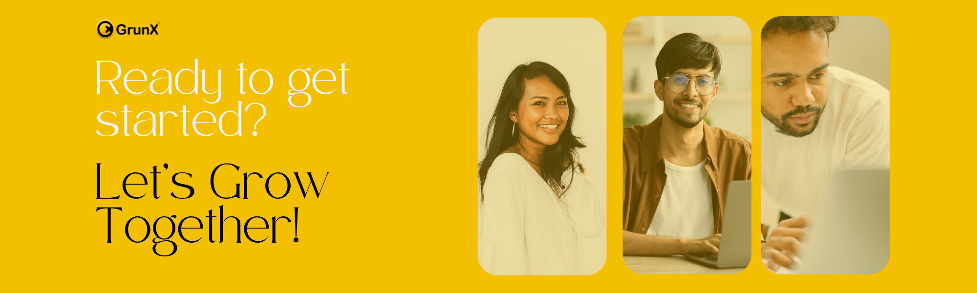Professional collaboration banner with diverse people using laptops, representing business growth, partnership, and getting started with tech products and digital solutions | GrunX