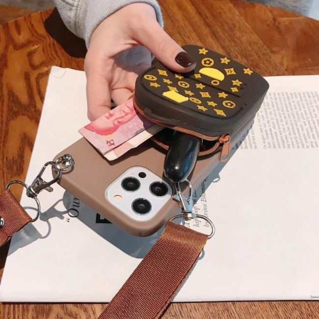GRUNX Bella crossbody wallet iPhone case open showing built-in card slots holding Aadhaar debit card India