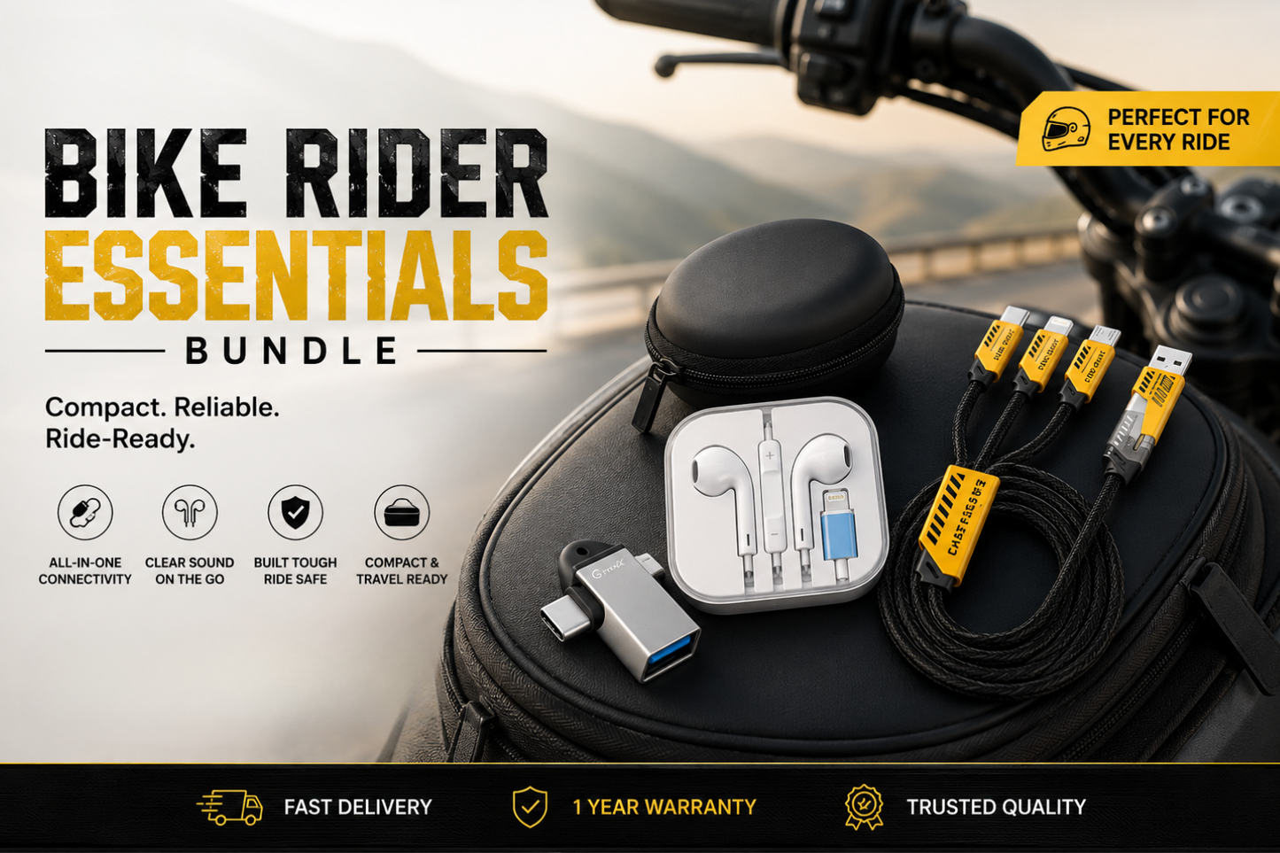 GrunX Bike Rider Essentials Bundle with 3 in 2 240w multi charging cable, lightning wired headphones and  2 in 1 USB c and micro usb to usb a metal connector OTG adapter