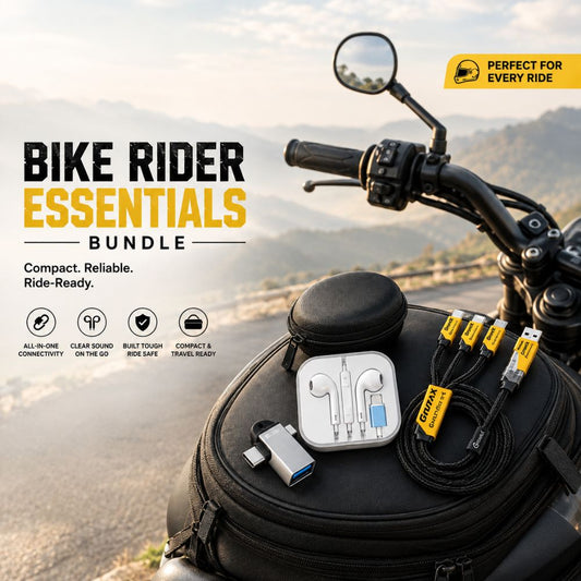 GrunX Bike Rider Essentials Bundle with 3 in 2 240w multi charging cable, lightning wired headphones and  2 in 1 USB c and micro usb to usb a metal connector OTG adapter