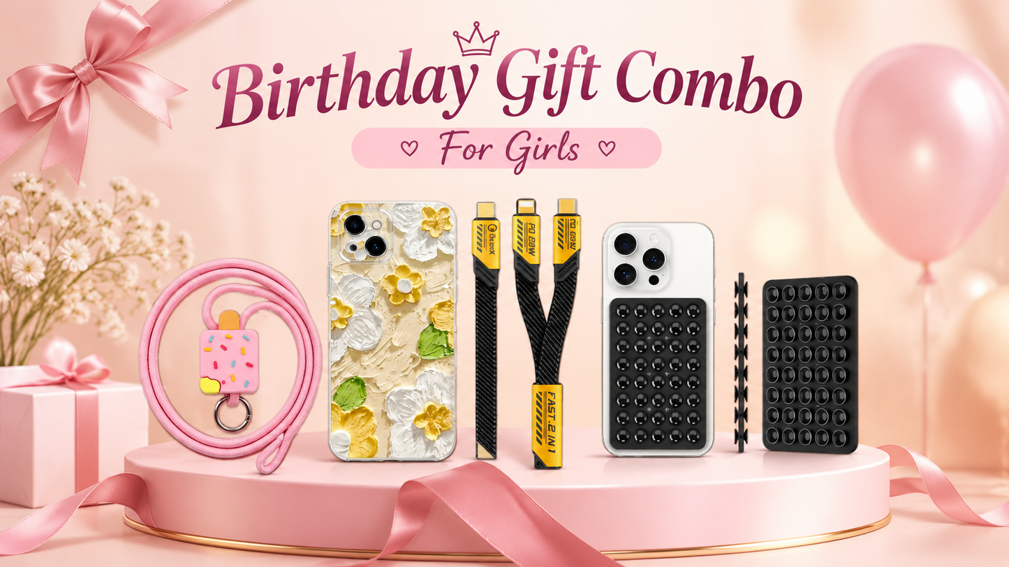GrunX birthday gift combo for girls featuring floral iPhone case, ice cream phone strap, fast charging cables, and Suction Cup To Mount Phone 