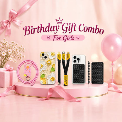 GrunX birthday gift combo for girls featuring floral iPhone case, ice cream phone strap, fast charging cables, and Suction Cup To Mount Phone 