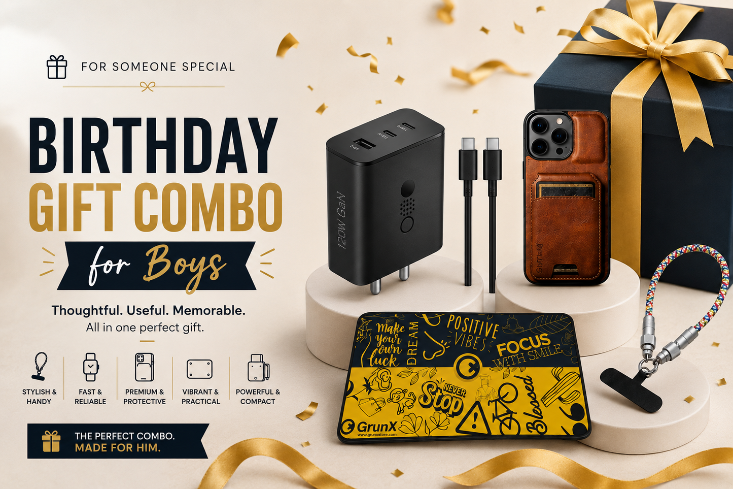 GrunX Birthday Gift Set - Braided Watch Strap, Leather with wallet Phone Case, Gaming Mouse Pad & phone lanyard charm with 60w charging cable