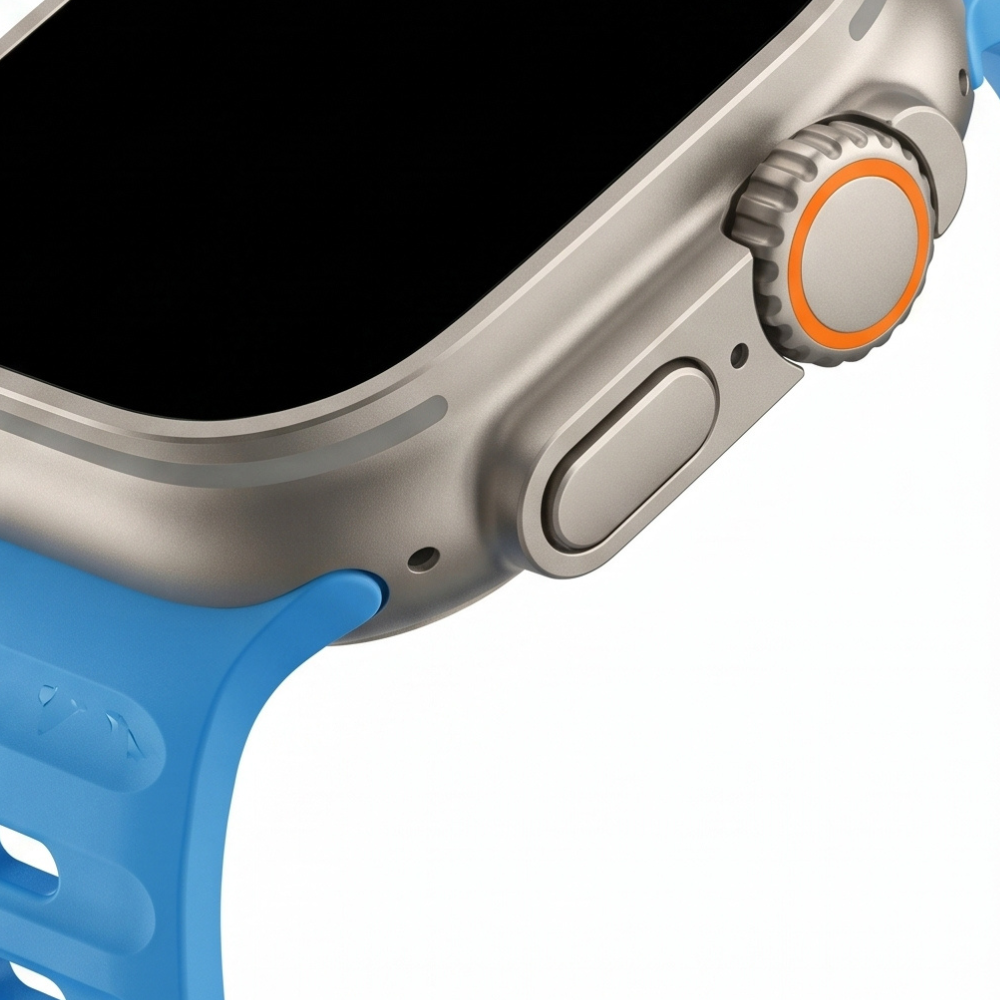Close-up side view of an Apple Watch Ultra titanium case with a vivid sky blue silicone band, highlighting the orange action button and crown detail.
