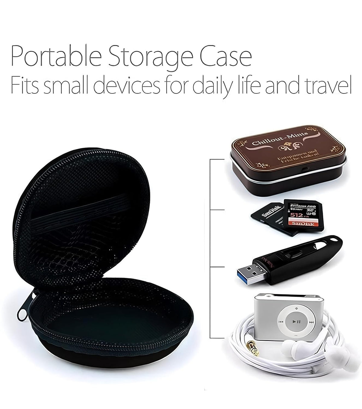Black portable storage case with small devices like a USB, memory card, and iPod displayed on a white background.