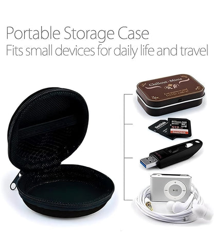 Black portable storage case with small devices like a USB, memory card, and iPod displayed on a white background.