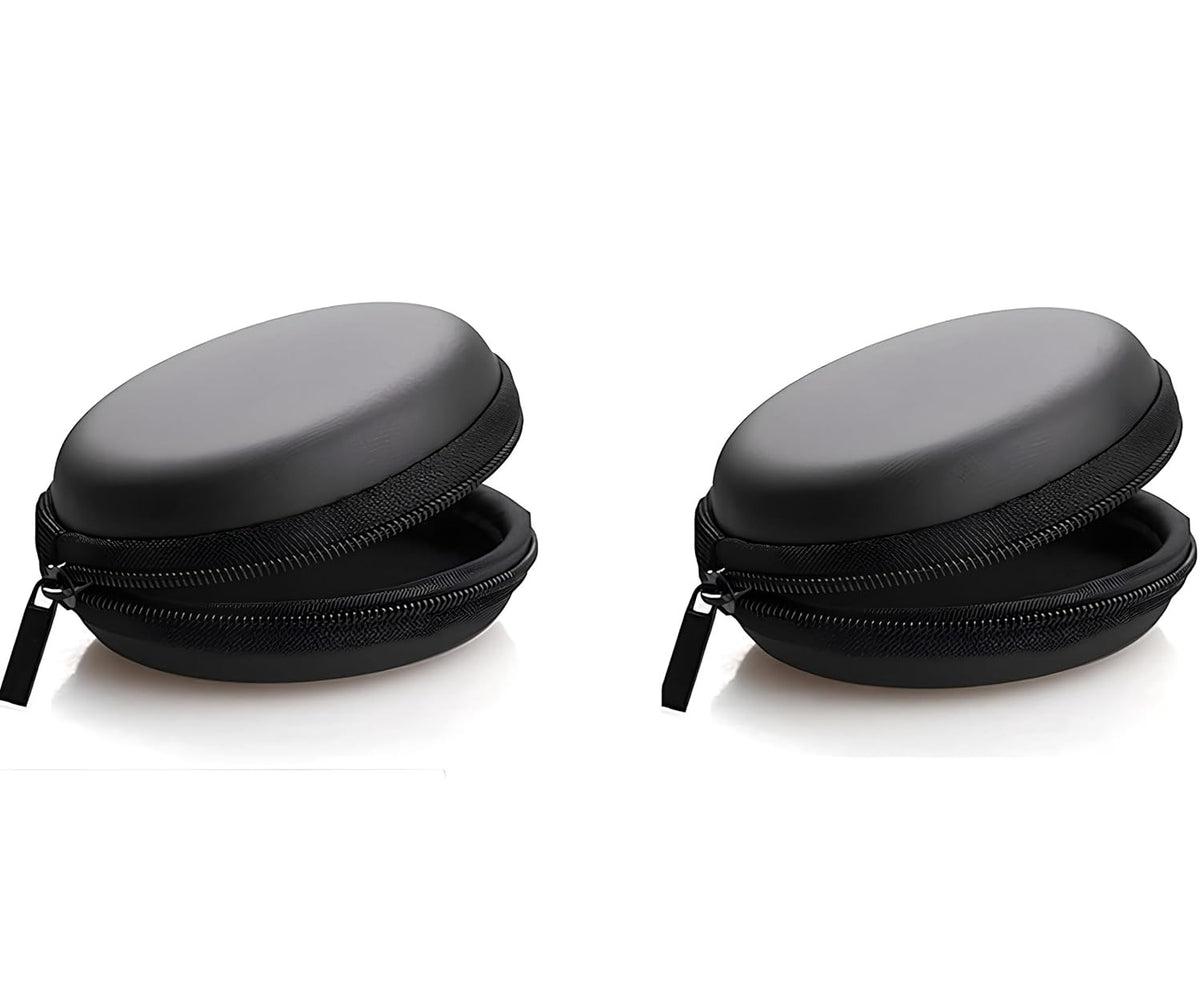 Two black round zippered cases on a white background