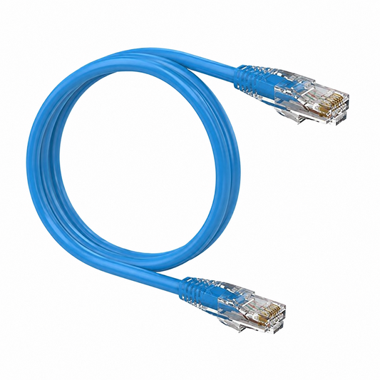A blue Ethernet cable coiled in a loop with RJ45 connectors on both ends, shown on a plain white background.