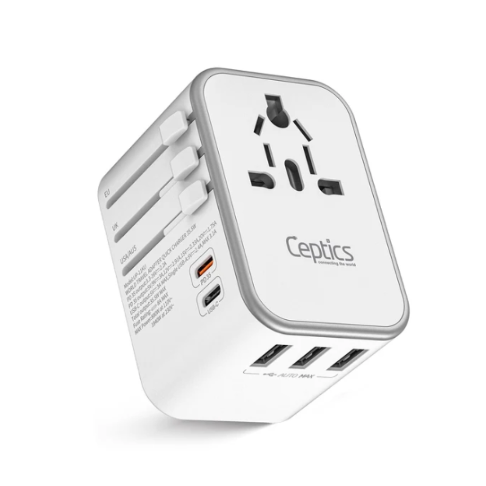 35.5W universal travel adapter with EU UK USA AUS sliders USB C PD35 port and triple USB A ports