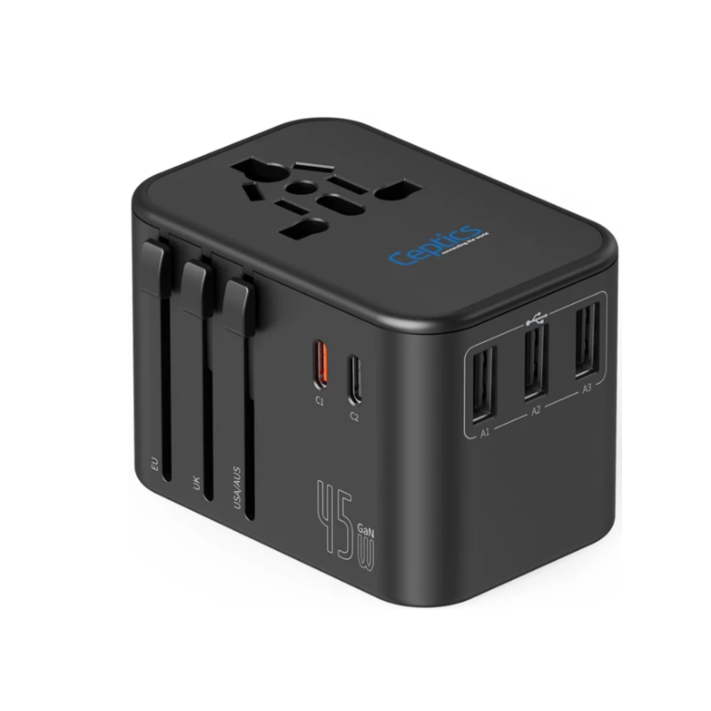 45W GaN universal travel adapter with EU UK USA AUS sliders and dual USB C triple USB A ports
