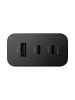 Black USB-C wall charger with two ports on a white background