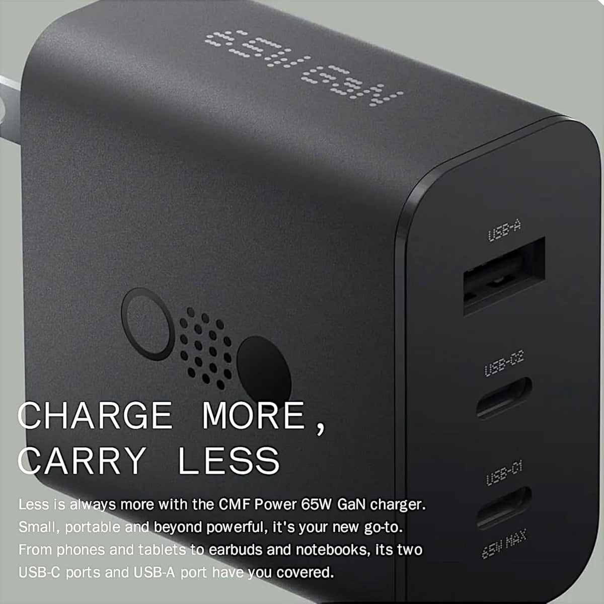 Black power adapter with multiple ports on a gray background